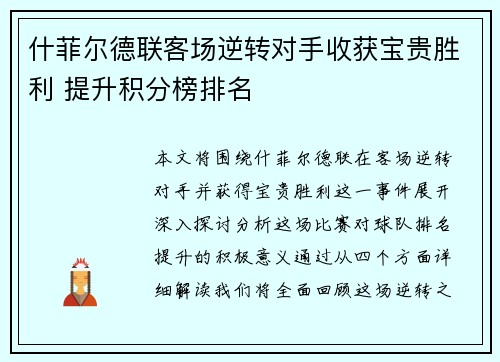 什菲尔德联客场逆转对手收获宝贵胜利 提升积分榜排名