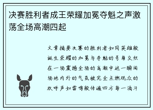 决赛胜利者成王荣耀加冕夺魁之声激荡全场高潮四起