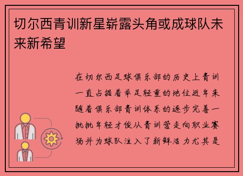 切尔西青训新星崭露头角或成球队未来新希望